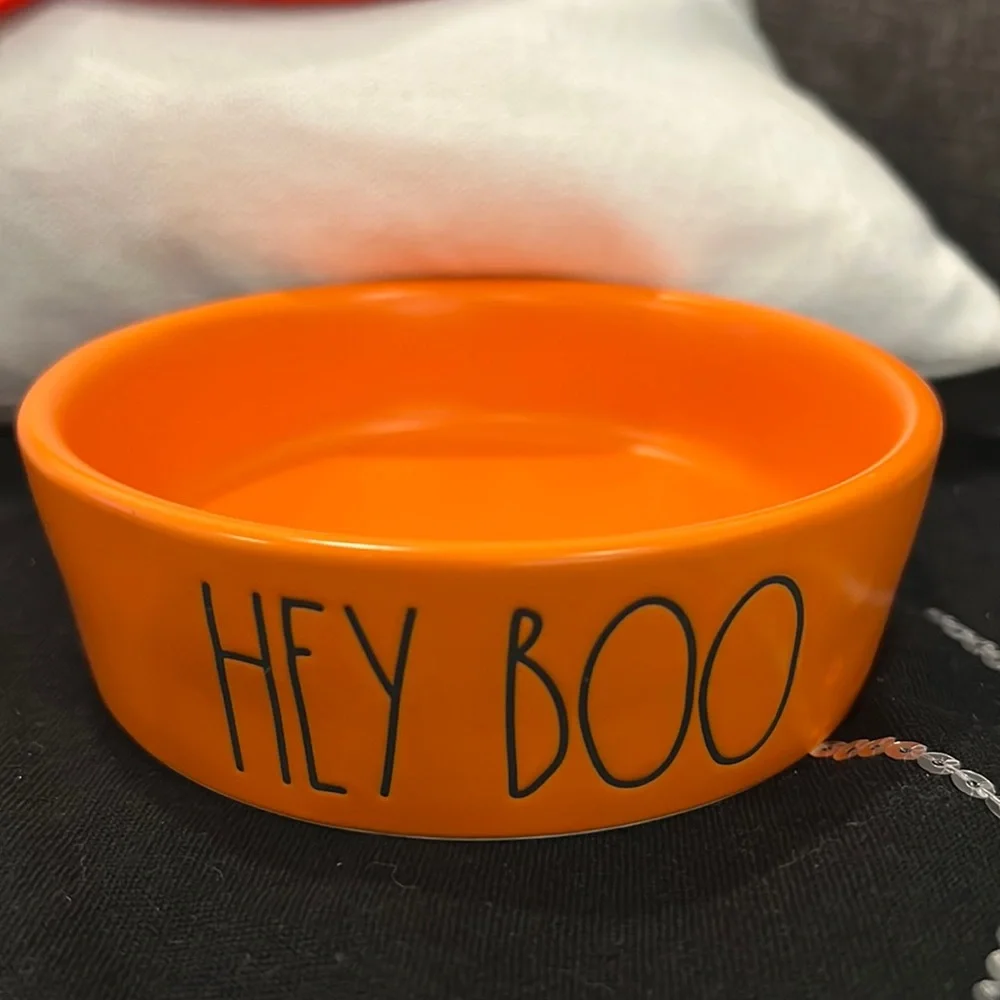 👻 Small Pet Bowl HEY BOO Food & Water Dish 5” H x 1.5” D Matte Orange Black LL